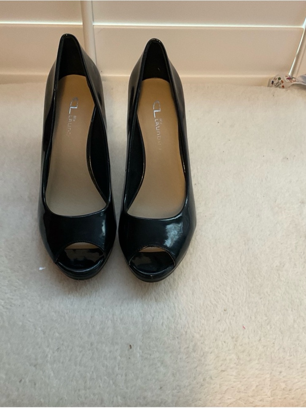 CL by Laundry Black Patent Peep-Toe Wedge Heels